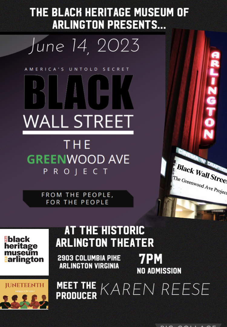 Image showing a movie theater with the words Black Wall Street: The Greenwood Avenue Project. the Producer is Karen Reese