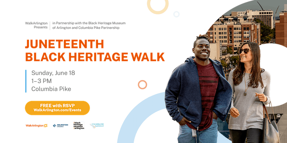 Image shows a man and woman walking. To their left are the words, Juneteenth Black Heritage Walk with the date, times, and reservation information.