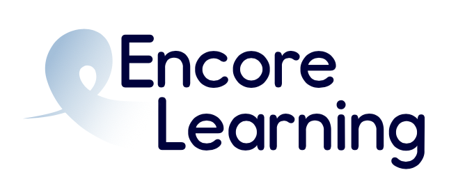 Encore Learning logo. The font is in black sans serif text with a light blue ribbon to the left of Encore.