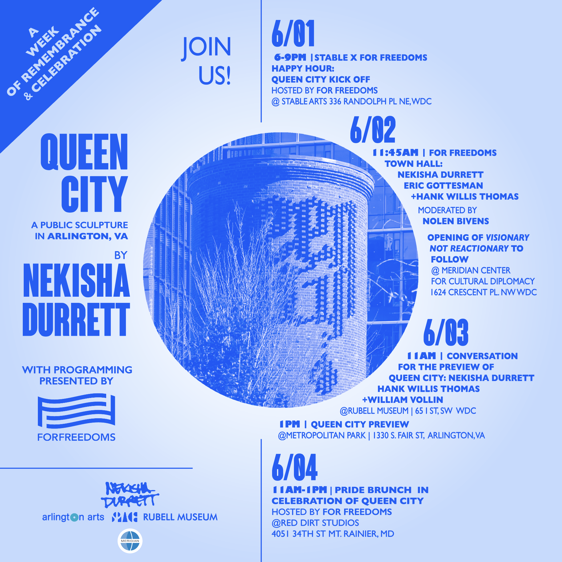 a graphic with a light blue background with blue writing that share the events celebrating the Queen City sculpture.